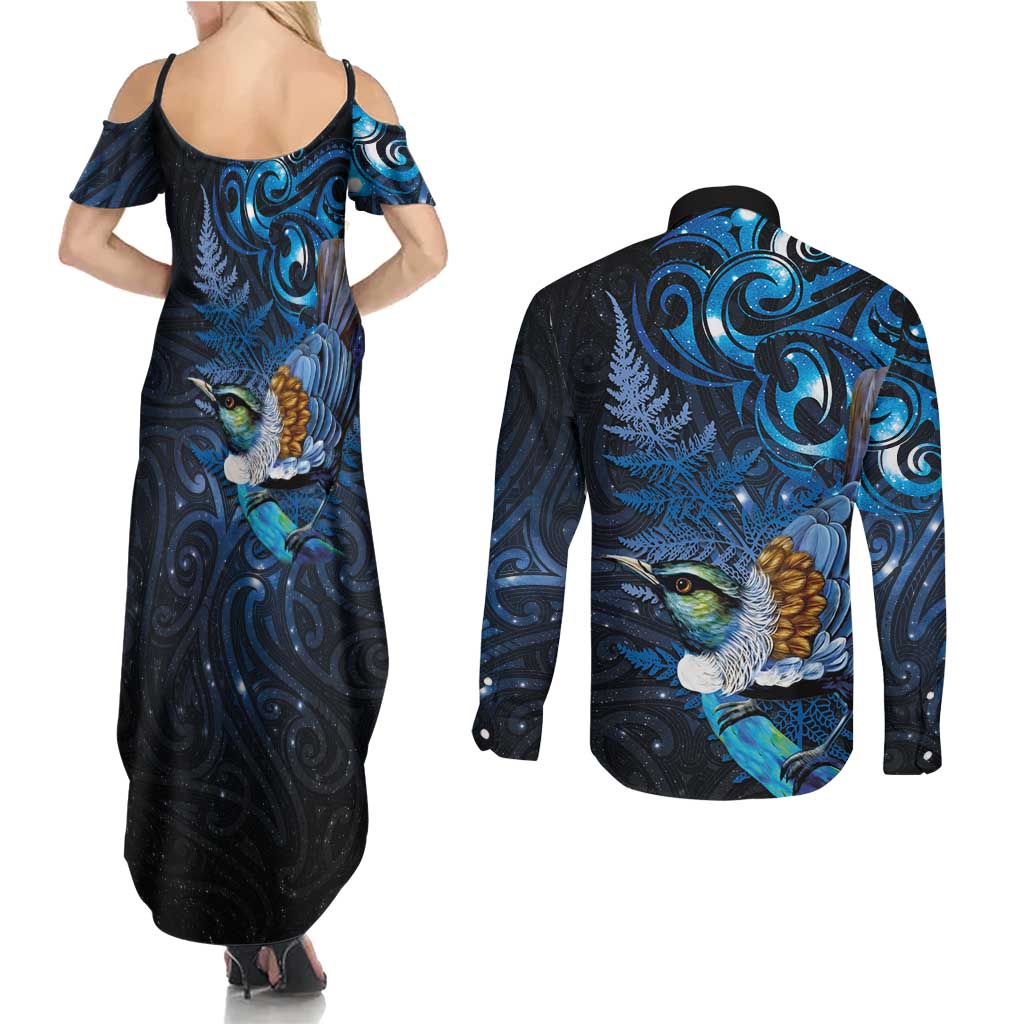 Aotearoa Matariki Couples Matching Summer Maxi Dress and Long Sleeve Button Shirt Maori Tribal with Silver Fern and Tui Bird Galaxy Style LT03 - Polynesian Pride