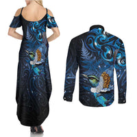 Aotearoa Matariki Couples Matching Summer Maxi Dress and Long Sleeve Button Shirt Maori Tribal with Silver Fern and Tui Bird Galaxy Style LT03 - Polynesian Pride