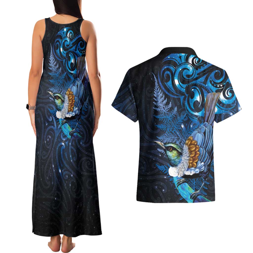 Aotearoa Matariki Couples Matching Tank Maxi Dress and Hawaiian Shirt Maori Tribal with Silver Fern and Tui Bird Galaxy Style LT03 - Polynesian Pride