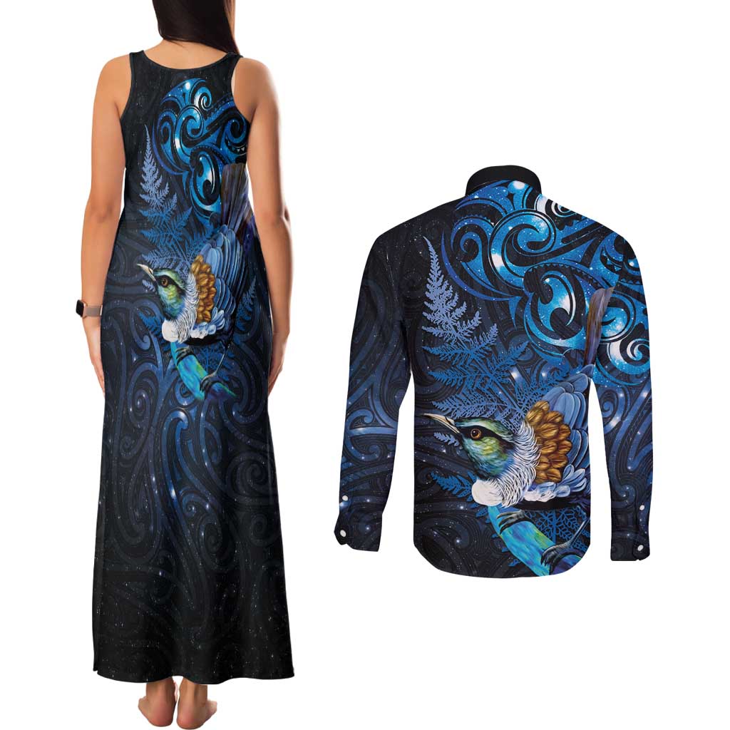 Aotearoa Matariki Couples Matching Tank Maxi Dress and Long Sleeve Button Shirt Maori Tribal with Silver Fern and Tui Bird Galaxy Style LT03 - Polynesian Pride