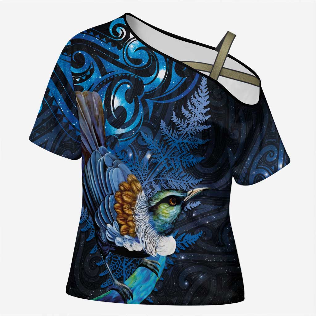 Aotearoa Matariki Cross Shoulder Shirt Maori Tribal with Silver Fern and Tui Bird Galaxy Style LT03 Female Navy - Polynesian Pride