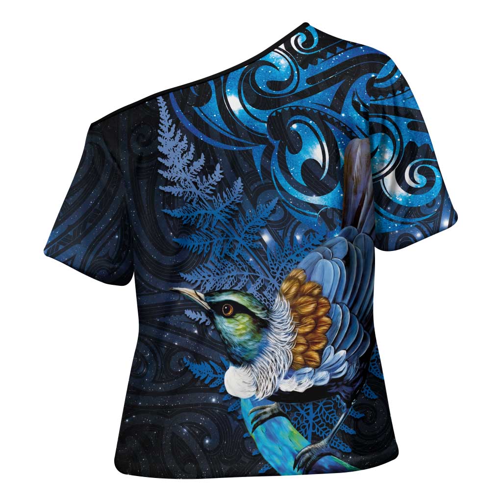 Aotearoa Matariki Cross Shoulder Shirt Maori Tribal with Silver Fern and Tui Bird Galaxy Style LT03 - Polynesian Pride