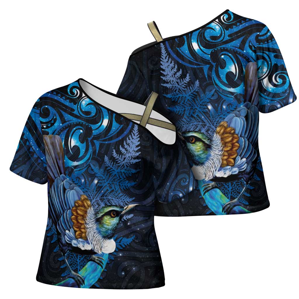 Aotearoa Matariki Cross Shoulder Shirt Maori Tribal with Silver Fern and Tui Bird Galaxy Style LT03 - Polynesian Pride