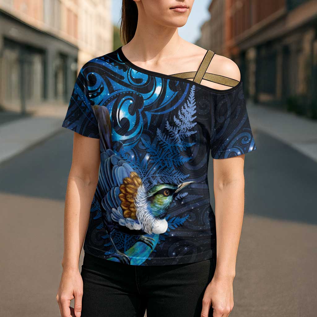 Aotearoa Matariki Cross Shoulder Shirt Maori Tribal with Silver Fern and Tui Bird Galaxy Style LT03 - Polynesian Pride