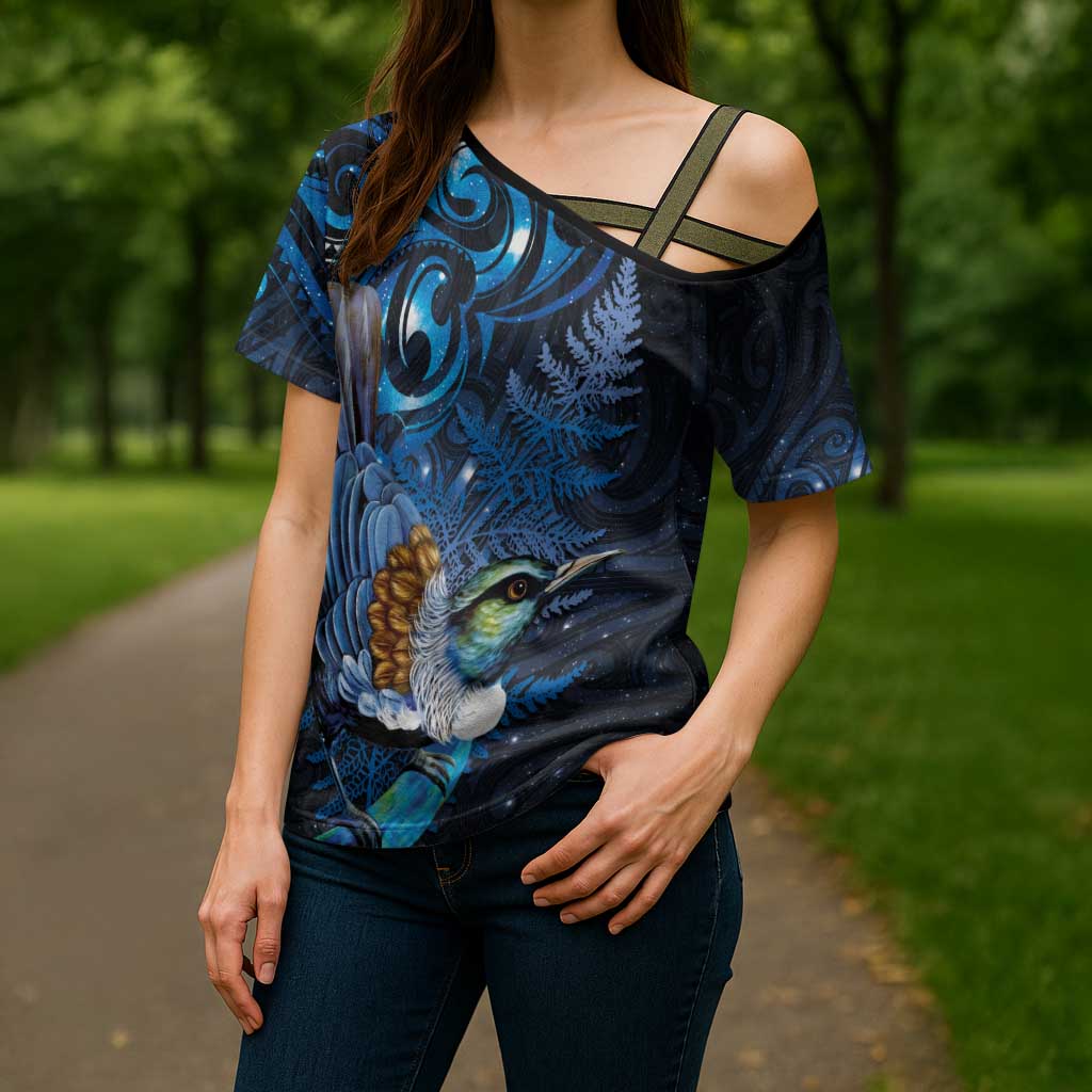 Aotearoa Matariki Cross Shoulder Shirt Maori Tribal with Silver Fern and Tui Bird Galaxy Style LT03 - Polynesian Pride