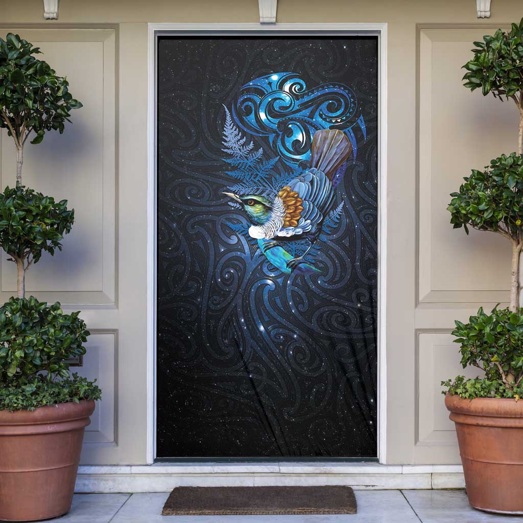 Aotearoa Matariki Door Cover Maori Tribal with Silver Fern and Tui Bird Galaxy Style LT03 Navy - Polynesian Pride