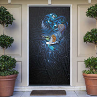 Aotearoa Matariki Door Cover Maori Tribal with Silver Fern and Tui Bird Galaxy Style LT03 Navy - Polynesian Pride