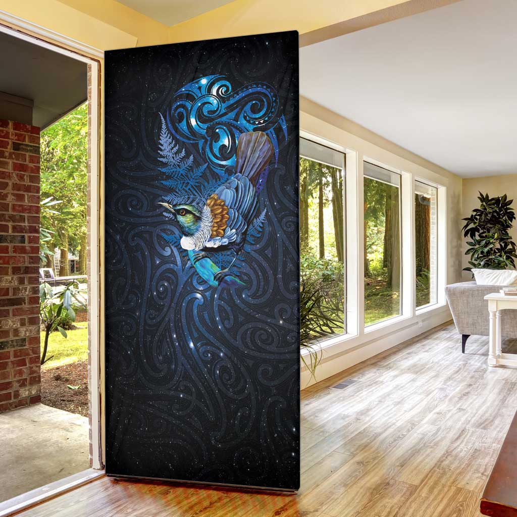 Aotearoa Matariki Door Cover Maori Tribal with Silver Fern and Tui Bird Galaxy Style LT03 - Polynesian Pride