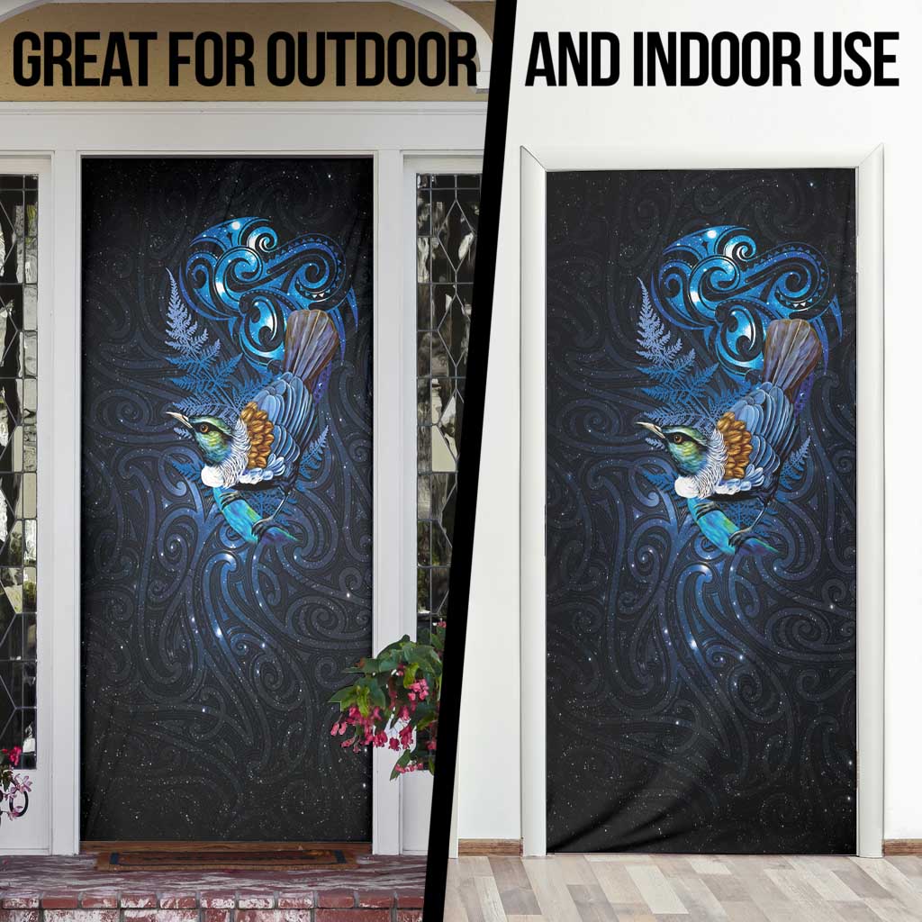 Aotearoa Matariki Door Cover Maori Tribal with Silver Fern and Tui Bird Galaxy Style LT03 - Polynesian Pride