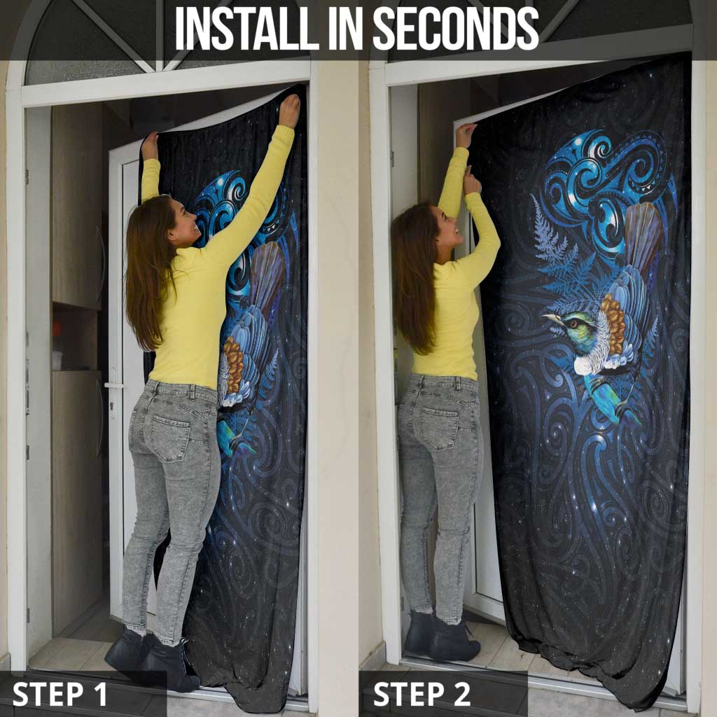 Aotearoa Matariki Door Cover Maori Tribal with Silver Fern and Tui Bird Galaxy Style LT03 - Polynesian Pride