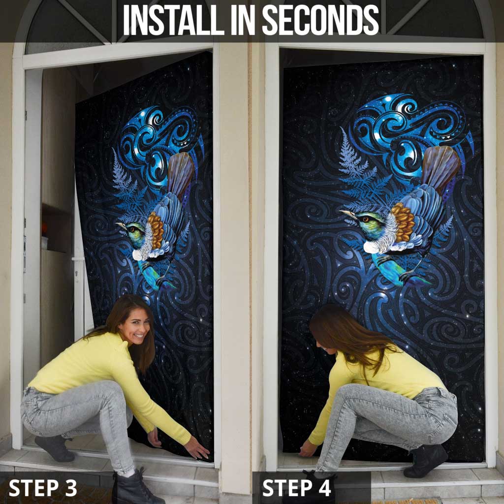 Aotearoa Matariki Door Cover Maori Tribal with Silver Fern and Tui Bird Galaxy Style LT03 - Polynesian Pride
