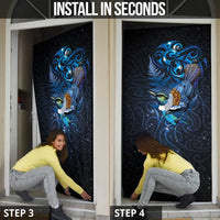 Aotearoa Matariki Door Cover Maori Tribal with Silver Fern and Tui Bird Galaxy Style LT03 - Polynesian Pride