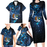 Aotearoa Matariki Family Matching Long Sleeve Bodycon Dress and Hawaiian Shirt Maori Tribal with Silver Fern and Tui Bird Galaxy Style LT03 - Polynesian Pride