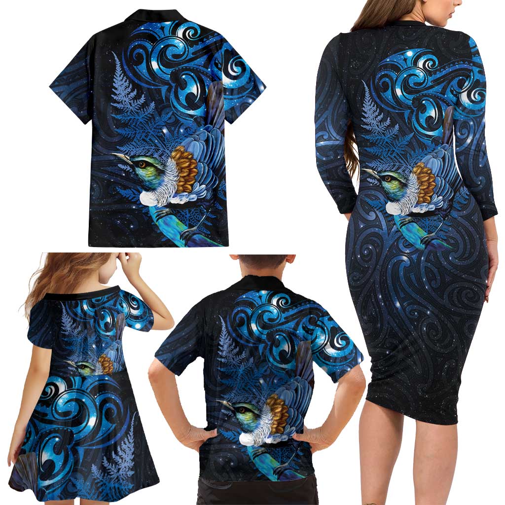 Aotearoa Matariki Family Matching Long Sleeve Bodycon Dress and Hawaiian Shirt Maori Tribal with Silver Fern and Tui Bird Galaxy Style LT03 - Polynesian Pride
