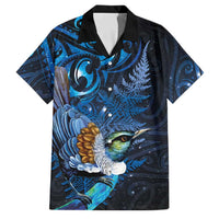 Aotearoa Matariki Family Matching Long Sleeve Bodycon Dress and Hawaiian Shirt Maori Tribal with Silver Fern and Tui Bird Galaxy Style LT03 Dad's Shirt - Short Sleeve Navy - Polynesian Pride