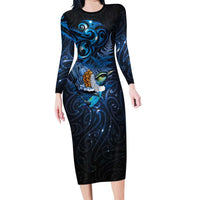 Aotearoa Matariki Family Matching Long Sleeve Bodycon Dress and Hawaiian Shirt Maori Tribal with Silver Fern and Tui Bird Galaxy Style LT03 Mom's Dress Navy - Polynesian Pride