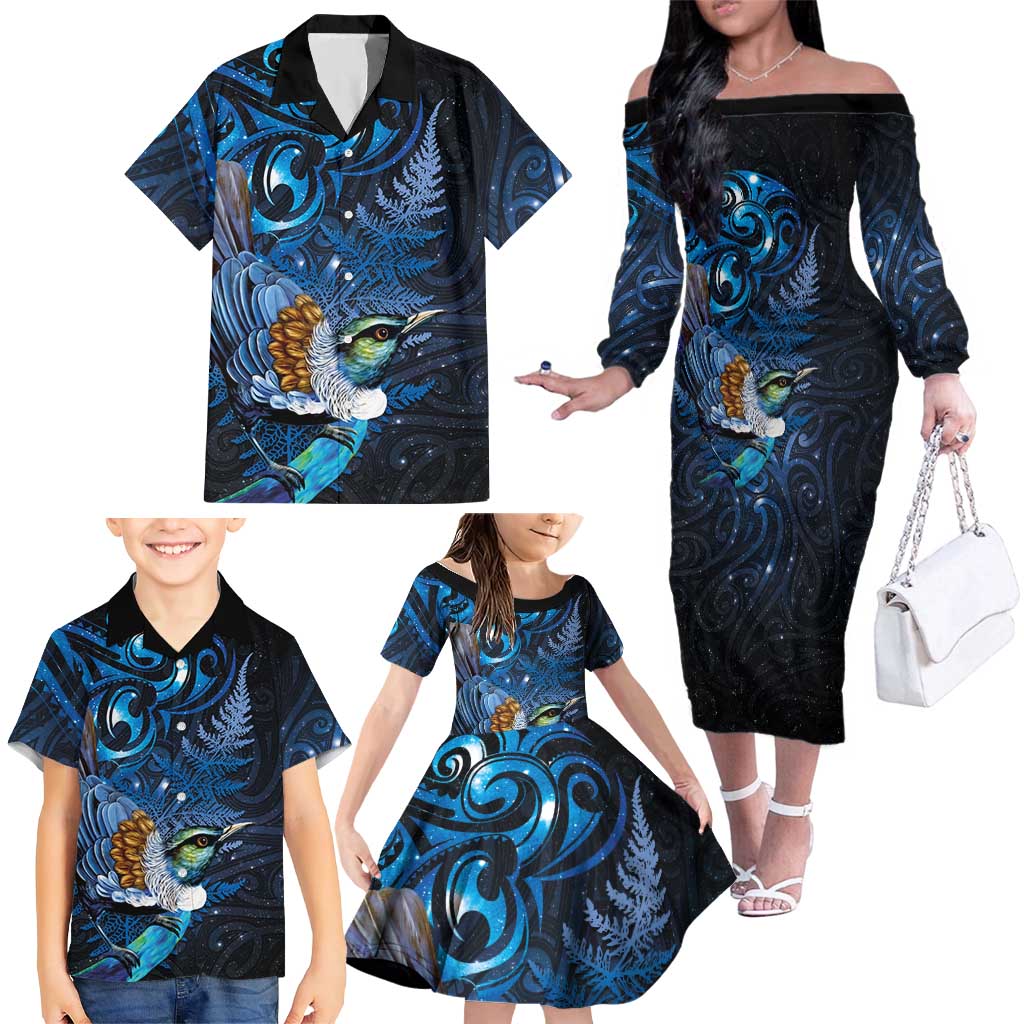 Aotearoa Matariki Family Matching Off The Shoulder Long Sleeve Dress and Hawaiian Shirt Maori Tribal with Silver Fern and Tui Bird Galaxy Style - Polynesian Pride