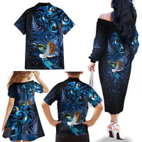 Aotearoa Matariki Family Matching Off The Shoulder Long Sleeve Dress and Hawaiian Shirt Maori Tribal with Silver Fern and Tui Bird Galaxy Style LT03 - Polynesian Pride
