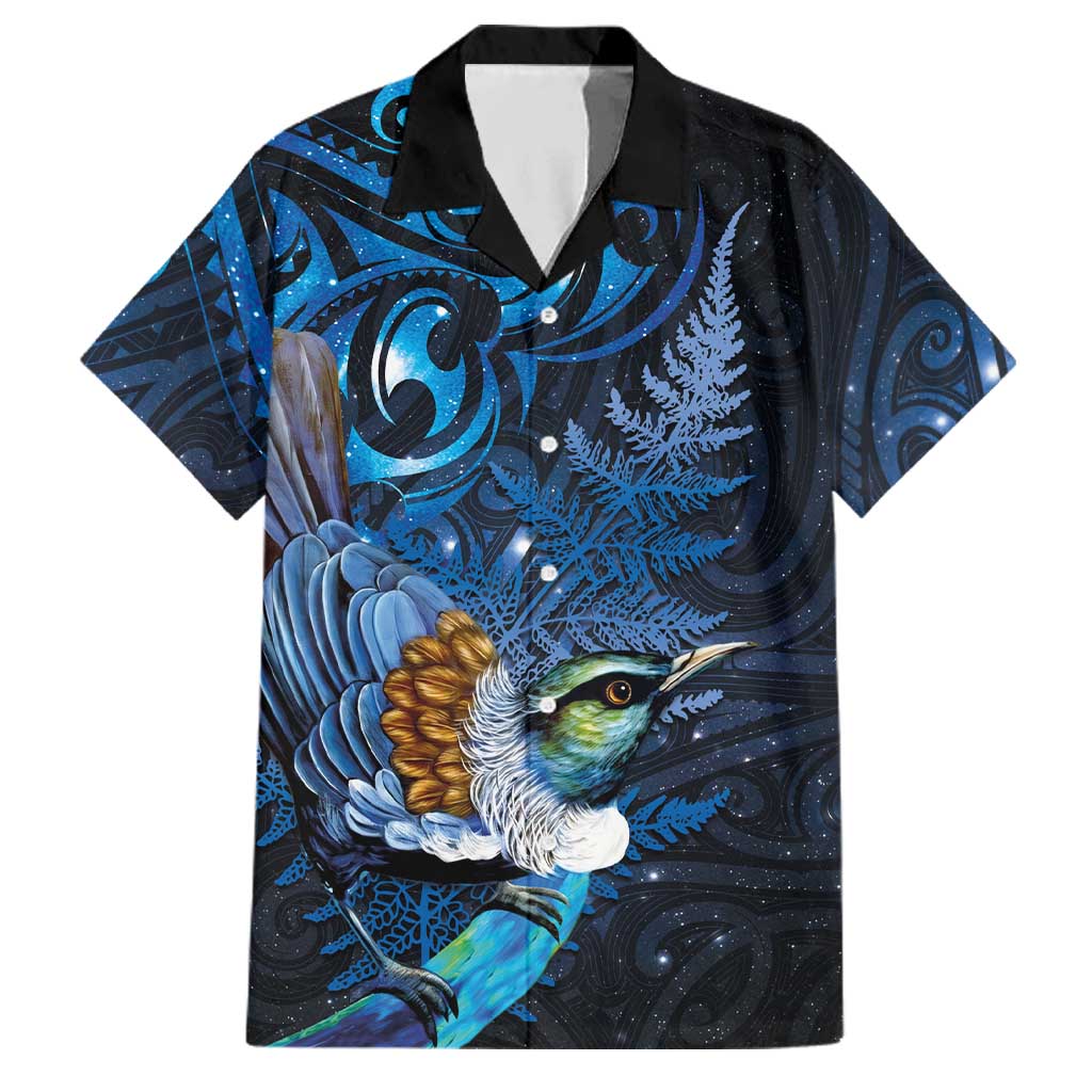Aotearoa Matariki Family Matching Off The Shoulder Long Sleeve Dress and Hawaiian Shirt Maori Tribal with Silver Fern and Tui Bird Galaxy Style LT03 Dad's Shirt - Short Sleeve Navy - Polynesian Pride