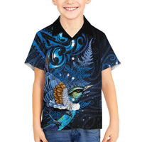 Aotearoa Matariki Family Matching Off The Shoulder Long Sleeve Dress and Hawaiian Shirt Maori Tribal with Silver Fern and Tui Bird Galaxy Style LT03 Son's Shirt Navy - Polynesian Pride