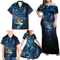 Aotearoa Matariki Family Matching Off Shoulder Maxi Dress and Hawaiian Shirt Maori Tribal with Silver Fern and Tui Bird Galaxy Style LT03 - Polynesian Pride
