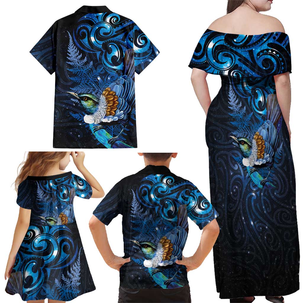 Aotearoa Matariki Family Matching Off Shoulder Maxi Dress and Hawaiian Shirt Maori Tribal with Silver Fern and Tui Bird Galaxy Style LT03 - Polynesian Pride