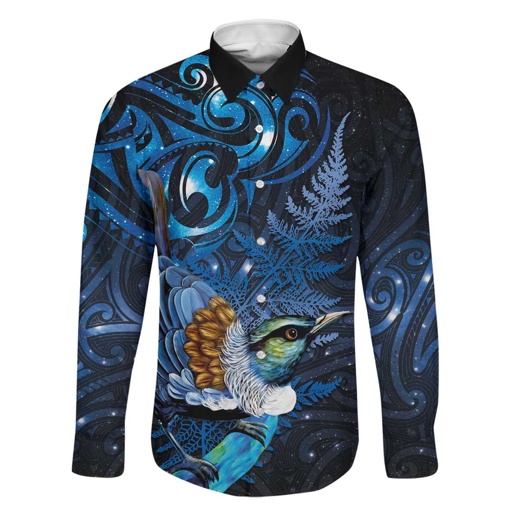Aotearoa Matariki Family Matching Off Shoulder Maxi Dress and Hawaiian Shirt Maori Tribal with Silver Fern and Tui Bird Galaxy Style LT03 Dad's Shirt - Long Sleeve Navy - Polynesian Pride