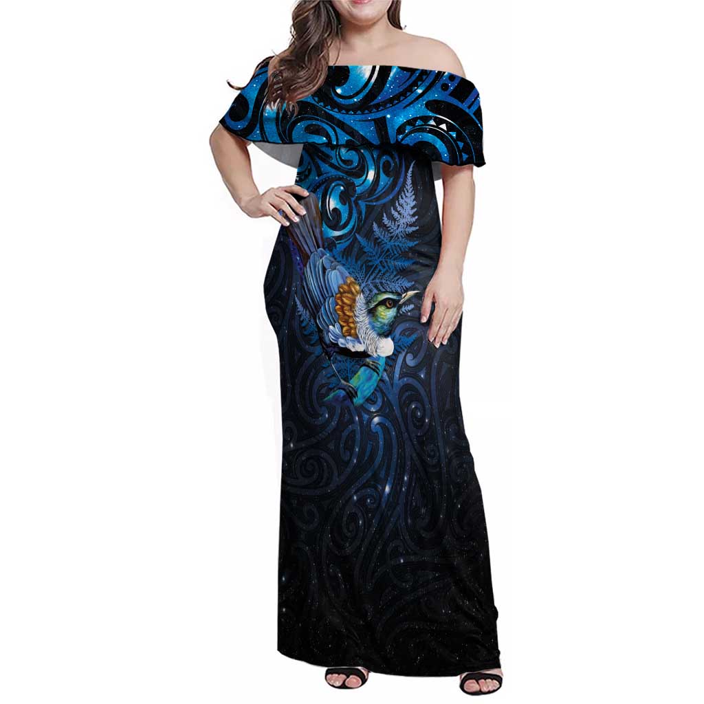 Aotearoa Matariki Family Matching Off Shoulder Maxi Dress and Hawaiian Shirt Maori Tribal with Silver Fern and Tui Bird Galaxy Style LT03 Mom's Dress Navy - Polynesian Pride