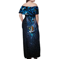 Aotearoa Matariki Family Matching Off Shoulder Maxi Dress and Hawaiian Shirt Maori Tribal with Silver Fern and Tui Bird Galaxy Style LT03 - Polynesian Pride
