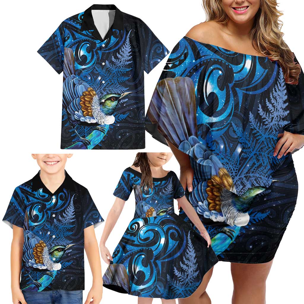 Aotearoa Matariki Family Matching Off Shoulder Short Dress and Hawaiian Shirt Maori Tribal with Silver Fern and Tui Bird Galaxy Style - Polynesian Pride