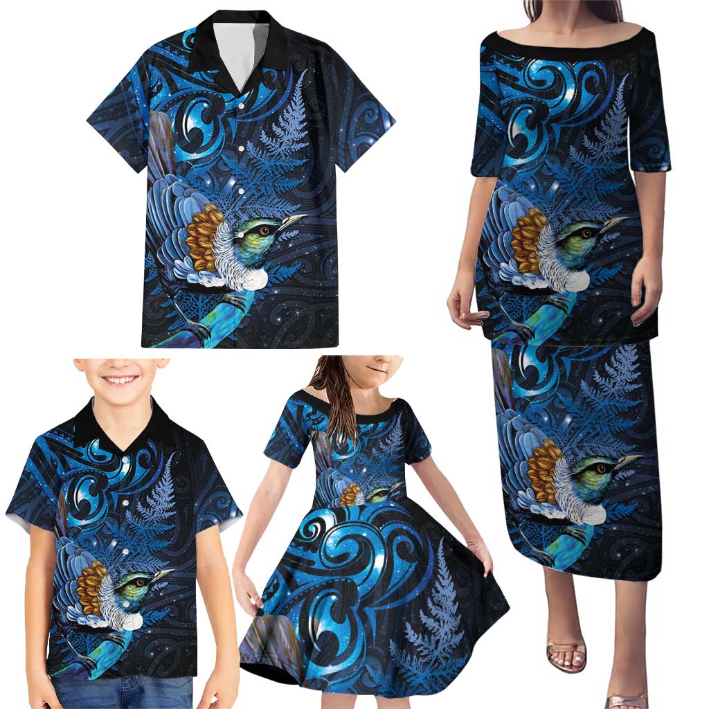 Aotearoa Matariki Family Matching Puletasi and Hawaiian Shirt Maori Tribal with Silver Fern and Tui Bird Galaxy Style LT03 - Polynesian Pride