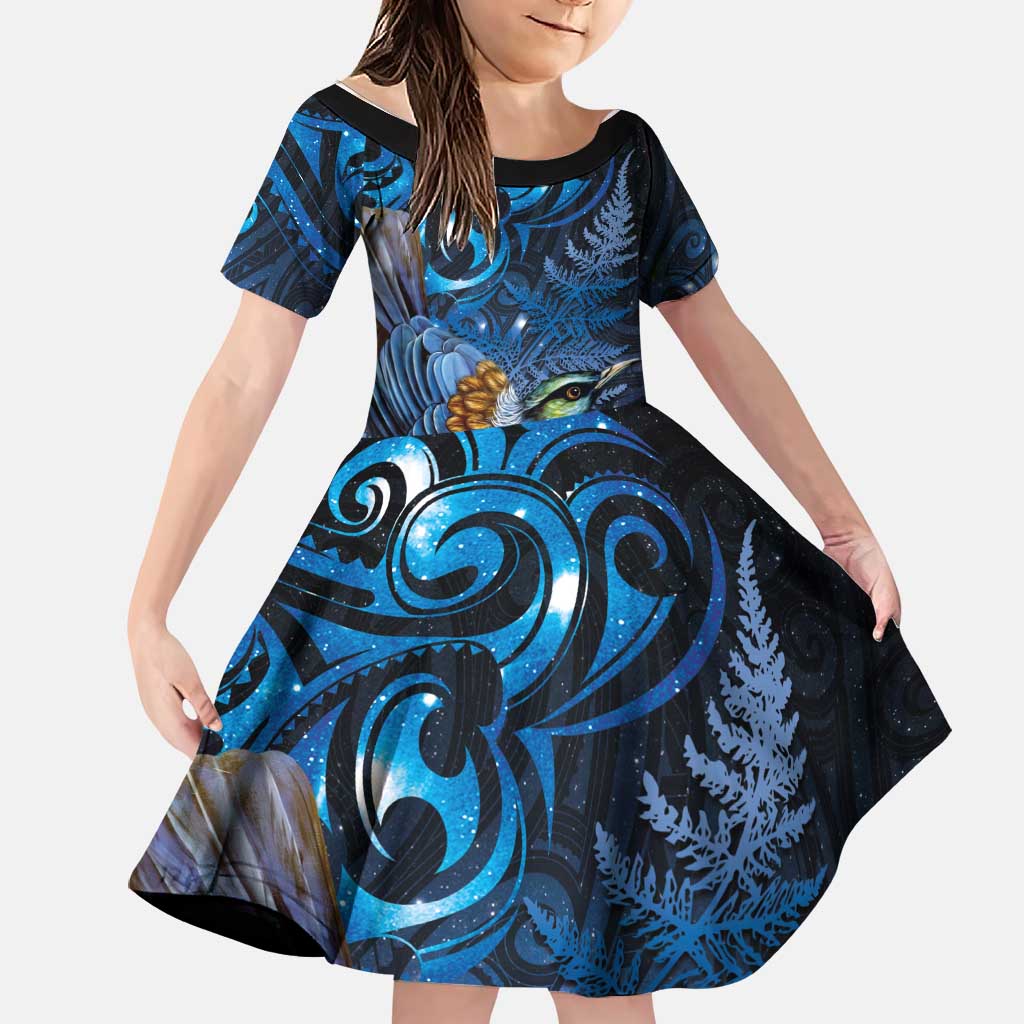 Aotearoa Matariki Family Matching Short Sleeve Bodycon Dress and Hawaiian Shirt Maori Tribal with Silver Fern and Tui Bird Galaxy Style LT03 Daughter's Dress Navy - Polynesian Pride