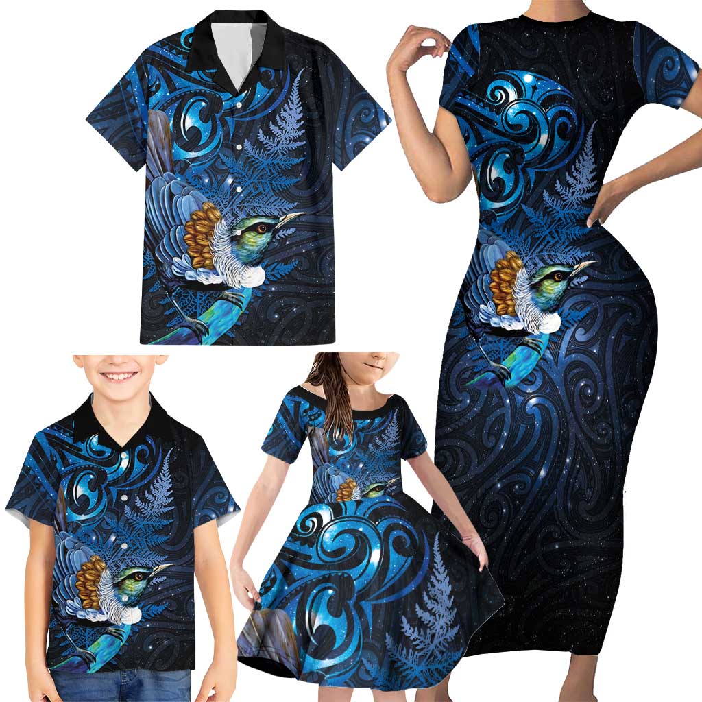 Aotearoa Matariki Family Matching Short Sleeve Bodycon Dress and Hawaiian Shirt Maori Tribal with Silver Fern and Tui Bird Galaxy Style - Polynesian Pride