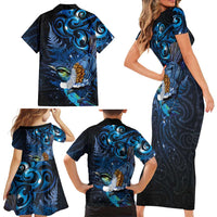 Aotearoa Matariki Family Matching Short Sleeve Bodycon Dress and Hawaiian Shirt Maori Tribal with Silver Fern and Tui Bird Galaxy Style LT03 - Polynesian Pride
