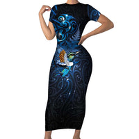 Aotearoa Matariki Family Matching Short Sleeve Bodycon Dress and Hawaiian Shirt Maori Tribal with Silver Fern and Tui Bird Galaxy Style LT03 Mom's Dress Navy - Polynesian Pride