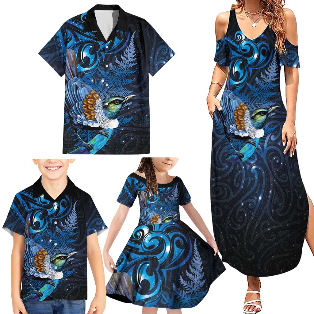Aotearoa Matariki Family Matching Summer Maxi Dress and Hawaiian Shirt Maori Tribal with Silver Fern and Tui Bird Galaxy Style LT03 - Polynesian Pride