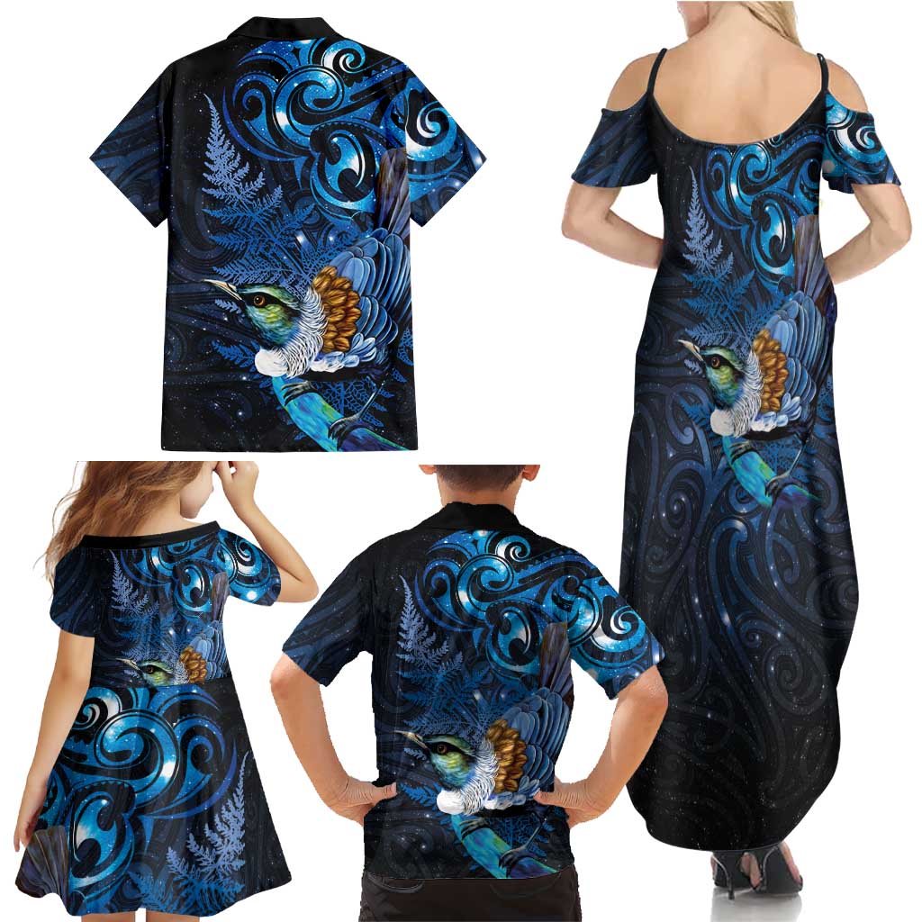 Aotearoa Matariki Family Matching Summer Maxi Dress and Hawaiian Shirt Maori Tribal with Silver Fern and Tui Bird Galaxy Style LT03 - Polynesian Pride