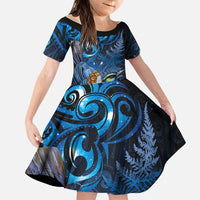 Aotearoa Matariki Family Matching Tank Maxi Dress and Hawaiian Shirt Maori Tribal with Silver Fern and Tui Bird Galaxy Style LT03 Daughter's Dress Navy - Polynesian Pride