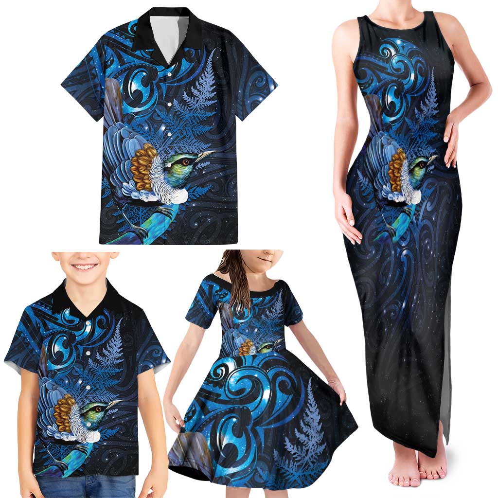 Aotearoa Matariki Family Matching Tank Maxi Dress and Hawaiian Shirt Maori Tribal with Silver Fern and Tui Bird Galaxy Style - Polynesian Pride