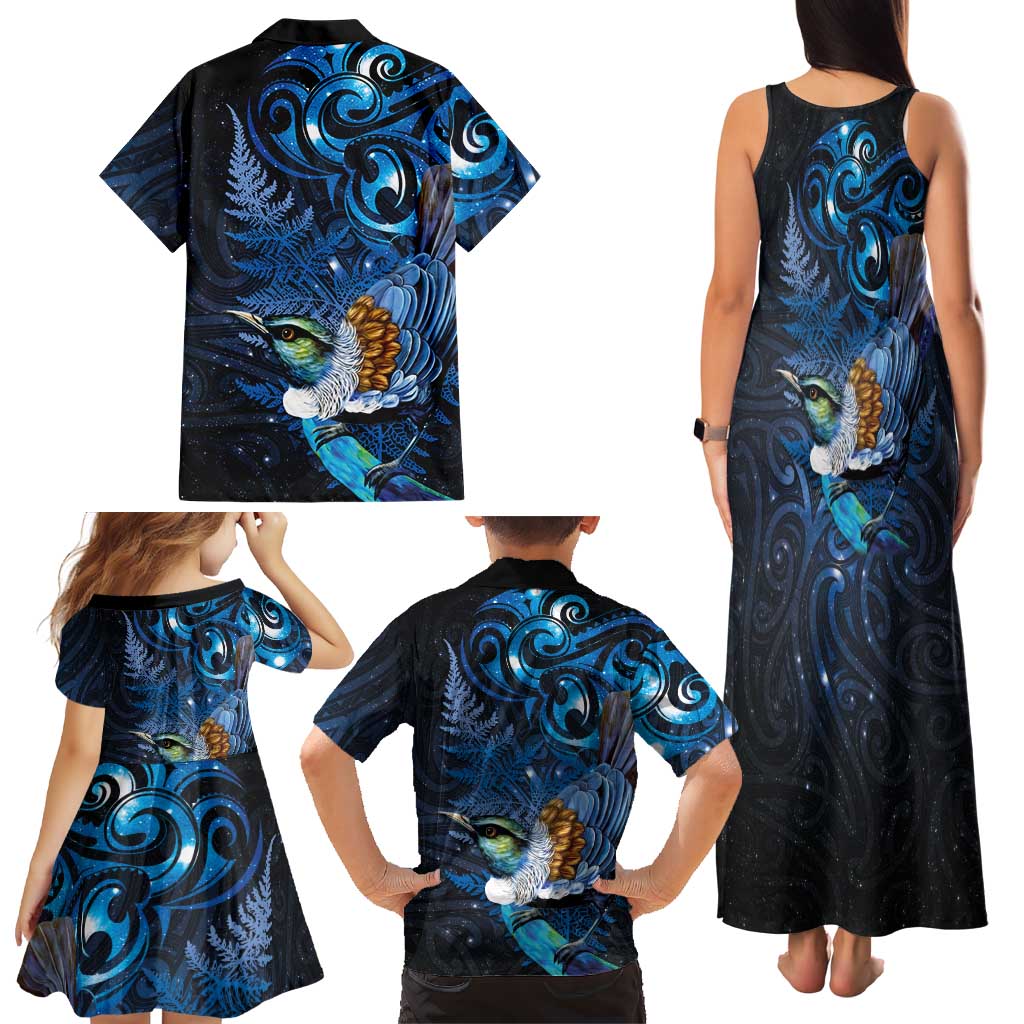 Aotearoa Matariki Family Matching Tank Maxi Dress and Hawaiian Shirt Maori Tribal with Silver Fern and Tui Bird Galaxy Style LT03 - Polynesian Pride