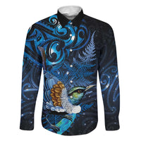 Aotearoa Matariki Family Matching Tank Maxi Dress and Hawaiian Shirt Maori Tribal with Silver Fern and Tui Bird Galaxy Style LT03 Dad's Shirt - Long Sleeve Navy - Polynesian Pride