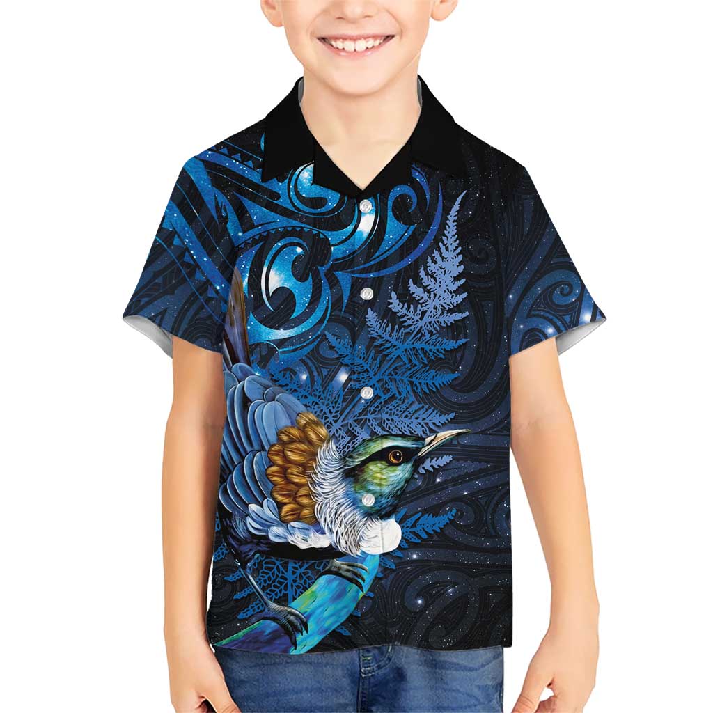 Aotearoa Matariki Family Matching Tank Maxi Dress and Hawaiian Shirt Maori Tribal with Silver Fern and Tui Bird Galaxy Style LT03 Son's Shirt Navy - Polynesian Pride