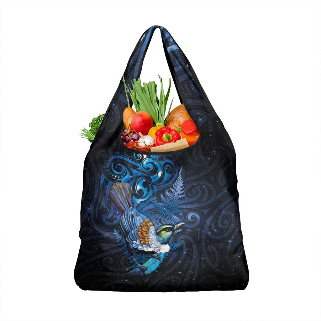 Aotearoa Matariki Grocery Bag Maori Tribal with Silver Fern and Tui Bird Galaxy Style LT03 1-pack One Size Navy - Polynesian Pride