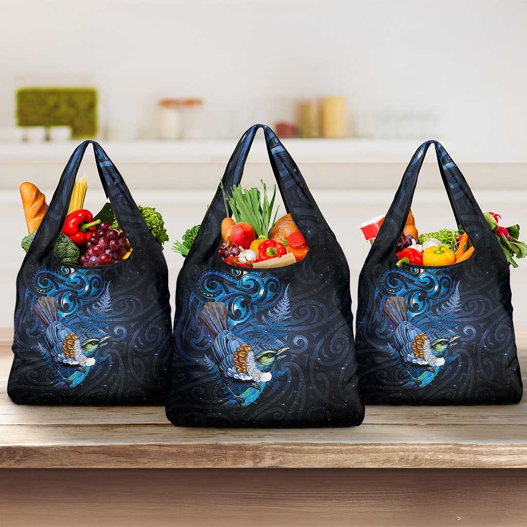 Aotearoa Matariki Grocery Bag Maori Tribal with Silver Fern and Tui Bird Galaxy Style LT03 3-pack One Size Navy - Polynesian Pride