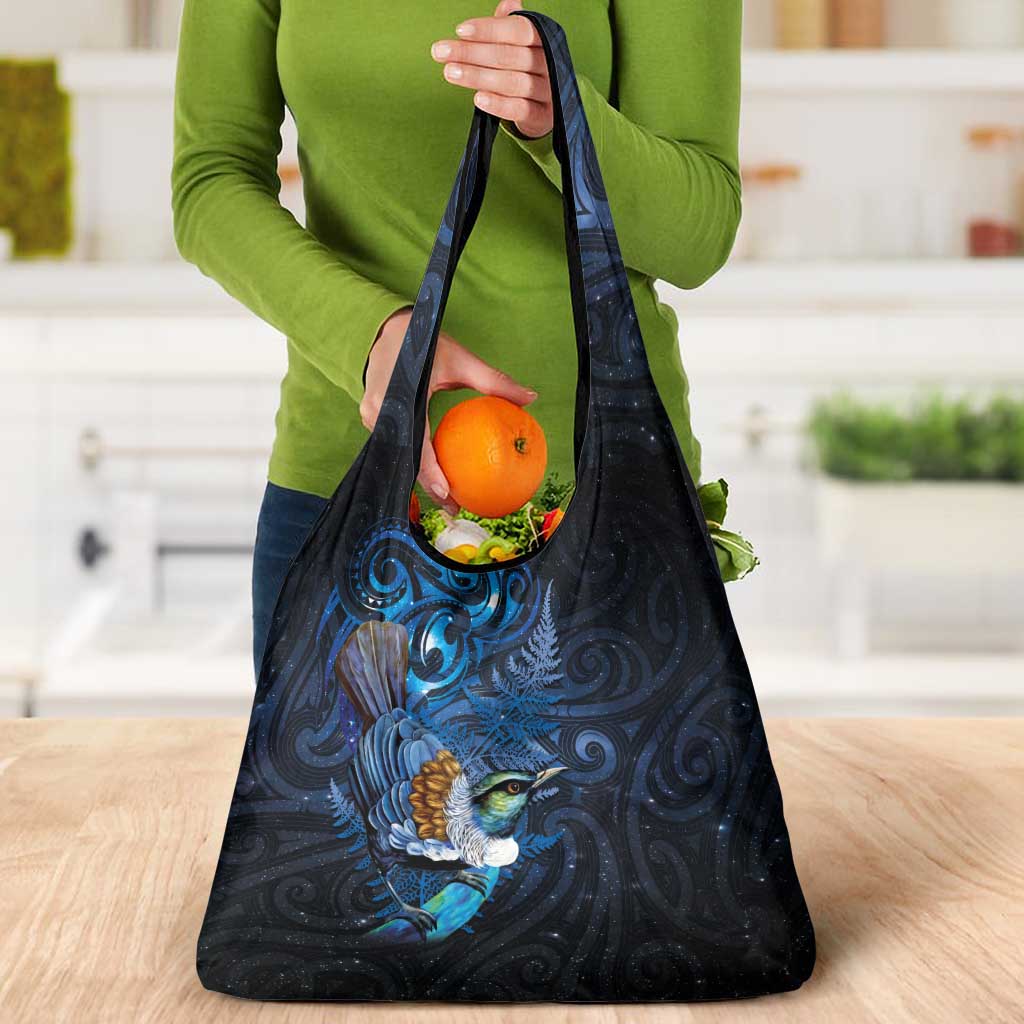 Aotearoa Matariki Grocery Bag Maori Tribal with Silver Fern and Tui Bird Galaxy Style LT03 - Polynesian Pride