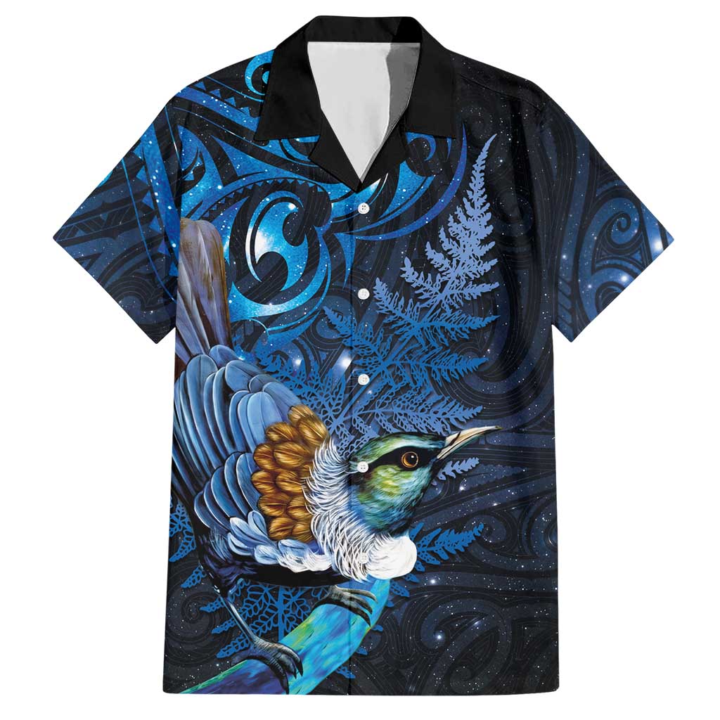 Aotearoa Matariki Hawaiian Shirt Maori Tribal with Silver Fern and Tui Bird Galaxy Style - Polynesian Pride