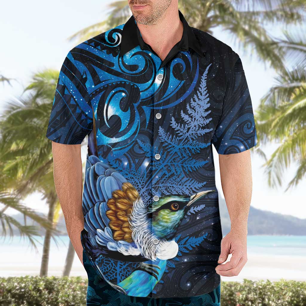 Aotearoa Matariki Hawaiian Shirt Maori Tribal with Silver Fern and Tui Bird Galaxy Style LT03 - Polynesian Pride