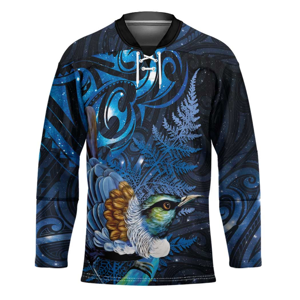 Aotearoa Matariki Hockey Jersey Maori Tribal with Silver Fern and Tui Bird Galaxy Style - Polynesian Pride