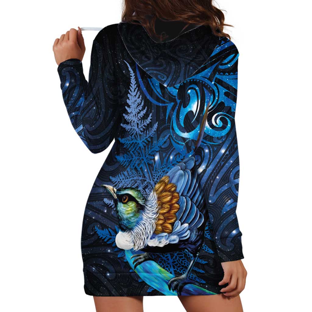 Aotearoa Matariki Hoodie Dress Maori Tribal with Silver Fern and Tui Bird Galaxy Style LT03 - Polynesian Pride