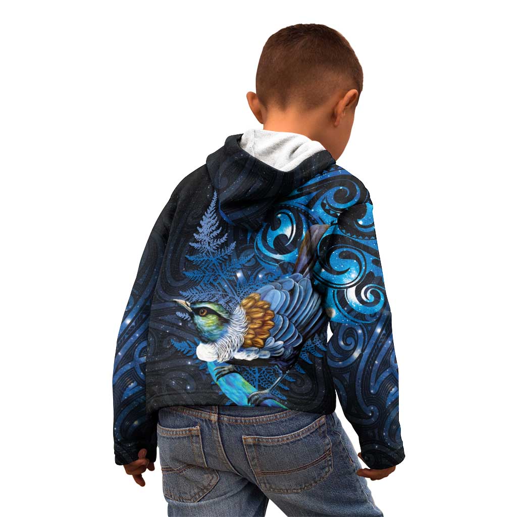 Aotearoa Matariki Kid Hoodie Maori Tribal with Silver Fern and Tui Bird Galaxy Style - Polynesian Pride